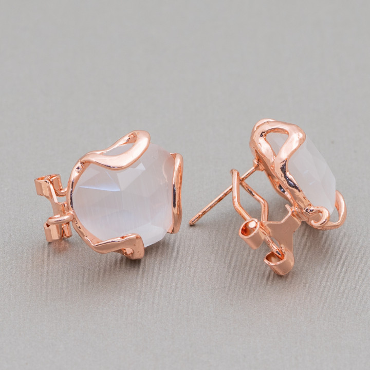 Bronze Closed Stud Earring Base with Irregular Faceted Cat's Eye 17mm 5 Pairs White Rose Gold