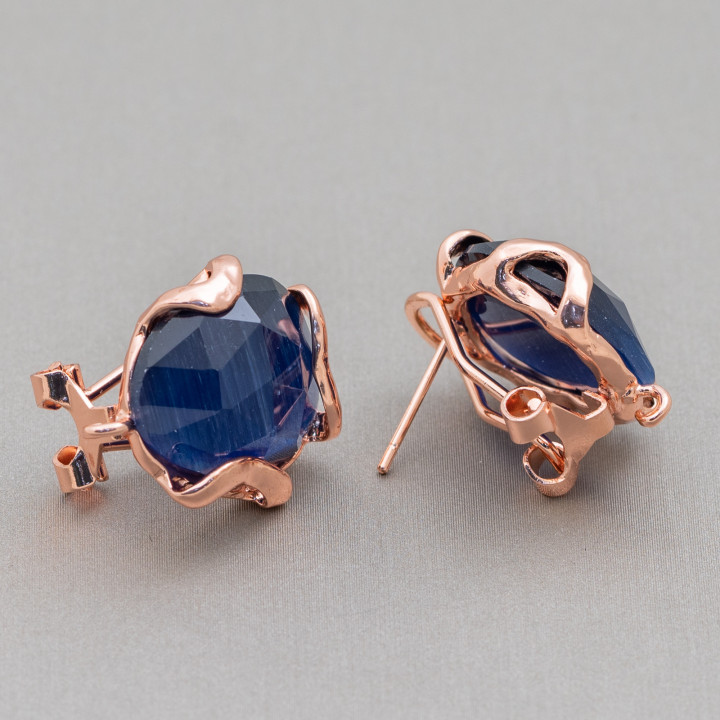 Pendientes de botón cerrados de bronce con ojo de gato facetado irregular Base 17 mm 5 pares de zafiro azul de oro rosa