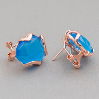 Aretes cerrados de bronce con ojo de gato facetado irregular Base 17 mm 5 pares Oro rosa Azul cielo