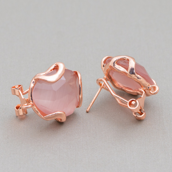 Bronze Closed Stud Earring Base with Irregular Faceted Cat's Eye 17mm 5 Pairs Powder Rose Gold