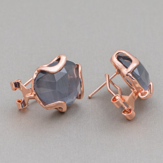 Bronze Closed Stud Earring Base with Irregular Faceted Cat's Eye 17mm 5 Pairs Rose Gold Gray