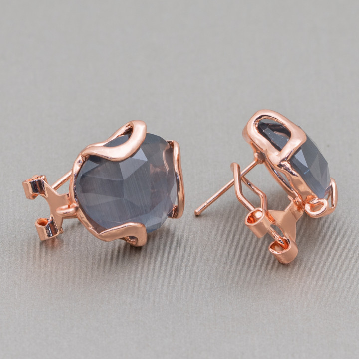 Bronze Closed Stud Earring Base with Irregular Faceted Cat's Eye 17mm 5 Pairs Rose Gold Gray