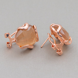 Pendientes de botón cerrados de bronce con ojo de gato facetado irregular Base 17 mm 5 pares de oro rosa marrón