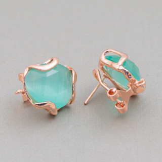 17mm Faceted Irregular Cat's Eye Bronze Closed Stud Earring Base 5 Pairs Rose Gold Teal