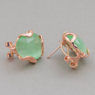 Aretes cerrados de bronce con ojo de gato facetado irregular Base 17 mm 5 pares Oro rosa Verde claro
