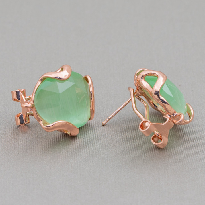 Boucles d'Oreilles Fermées Bronze Oeil de Chat à Facettes Irrégulières Base 17mm 5 Paires Or Rose Vert Clair