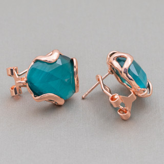 Aretes cerrados de bronce con ojo de gato facetado irregular Base 17 mm 5 pares Oro rosa Verde esmeralda