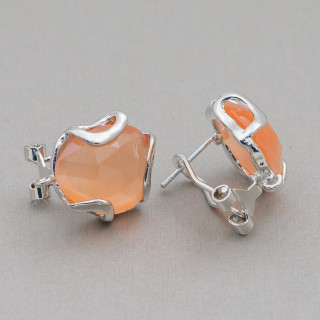 Boucles d'Oreilles Fermées Oeil de Chat en Bronze à Facettes Irrégulières Base 17mm 5 Paires Orange Rhodié