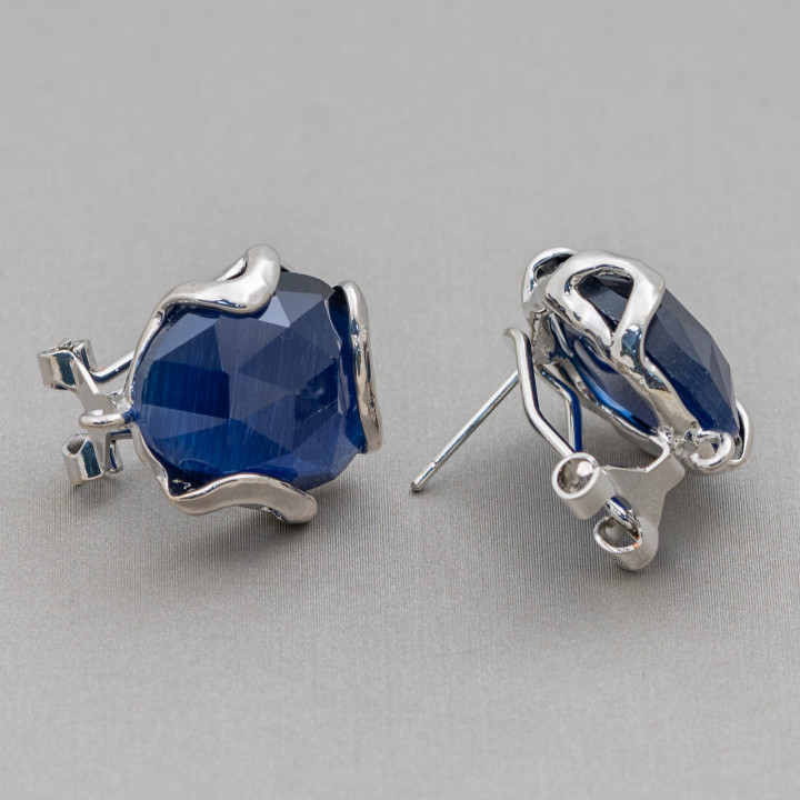 Bronze Closed Stud Earring Base with Irregular Faceted Cat's Eye 17mm 5 Pairs Rhodium Plated Blue Sapphire
