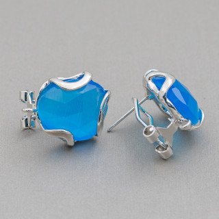 Bronze Closed Stud Earring Base with Irregular Faceted Cat's Eye 17mm 5 Pairs Rhodium Plated Light Blue