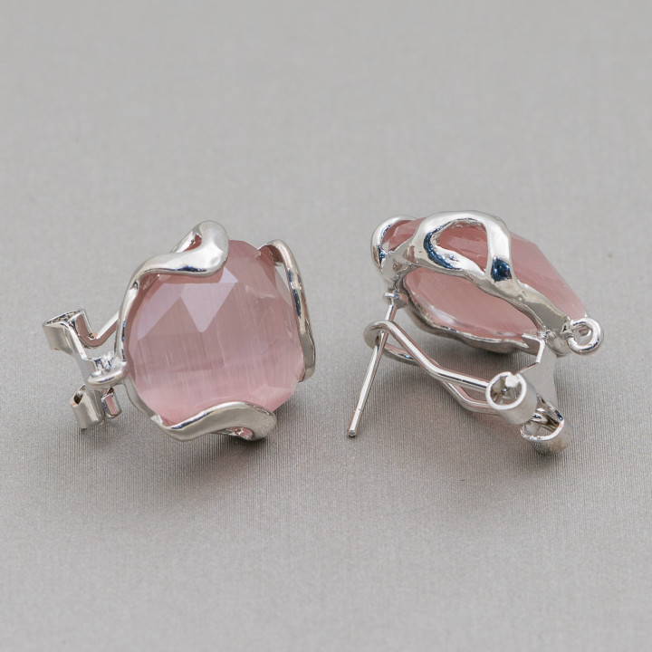 Bronze Closed Stud Earring Base with Irregular Faceted Cat's Eye 17mm 5 Pairs Rhodium Plated Powder