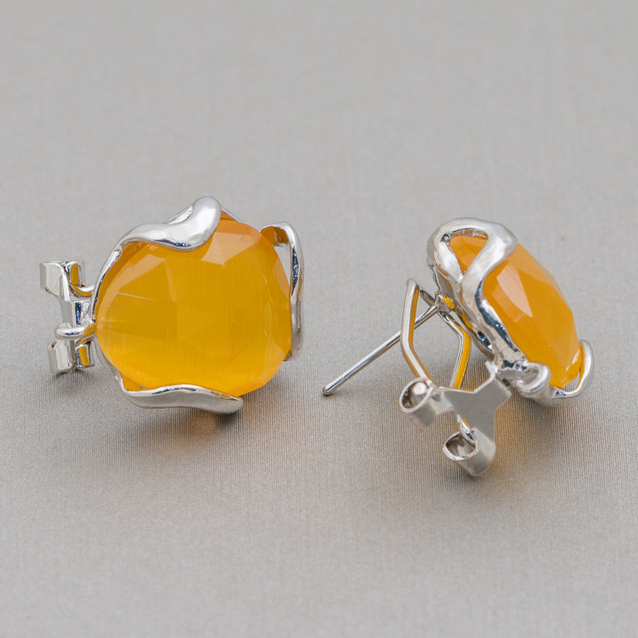 Bronze Closed Stud Earring Base with Irregular Faceted Cat's Eye 17mm 5 Pairs Rhodium Plated Yellow
