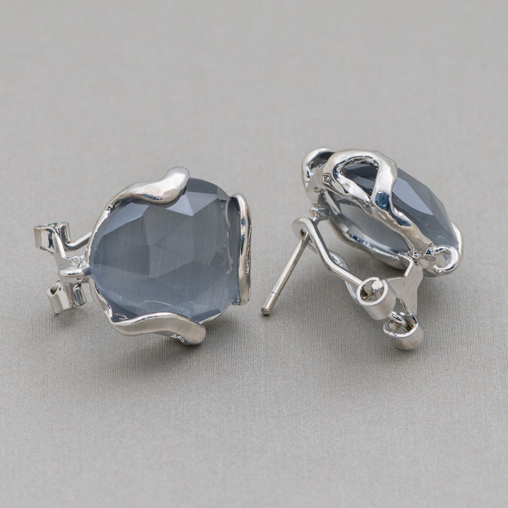 Bronze Closed Stud Earring Base with Irregular Faceted Cat's Eye 17mm 5 Pairs Rhodium Plated Gray
