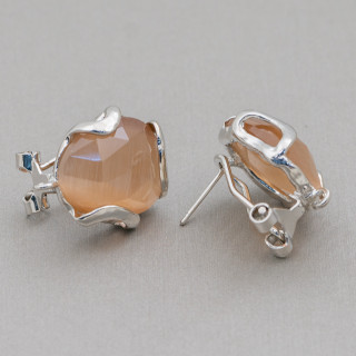 Bronze Irregular Faceted Cat's Eye Closed Stud Earring Base 17mm 5 Pairs Rhodium Plated Brown