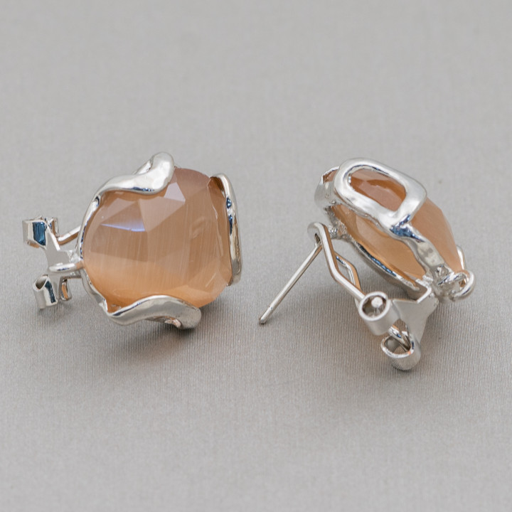 Geschlossene Ohrstecker aus Bronze mit unregelmäßigen facettierten Katzenaugen, Basis 17 mm, 5 Paar, rhodiniert, braun