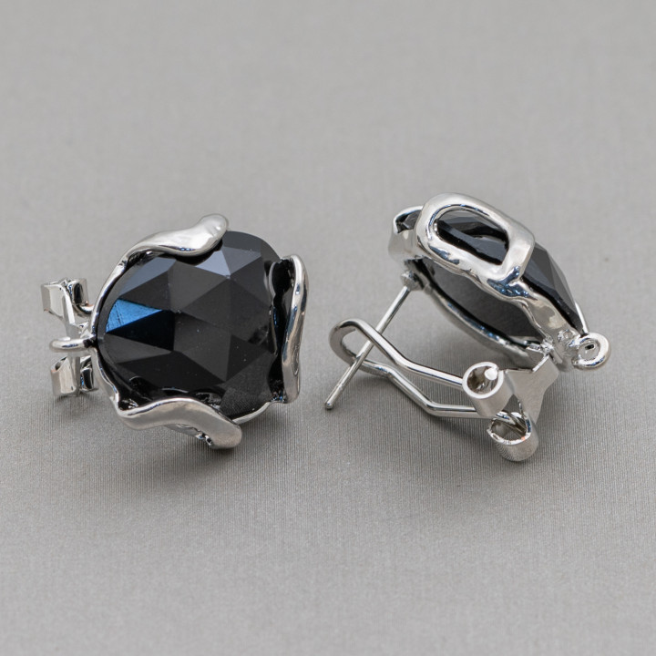 Boucles d'Oreilles Fermées Oeil de Chat en Bronze à Facettes Irrégulières Base 17mm 5 Paires Noir de Jais Rhodié