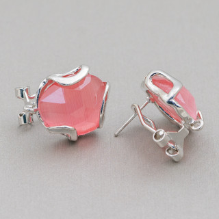 Boucles d'Oreilles Fermées Oeil de Chat en Bronze à Facettes Irrégulières Base 17mm 5 Paires Rhodium Rose