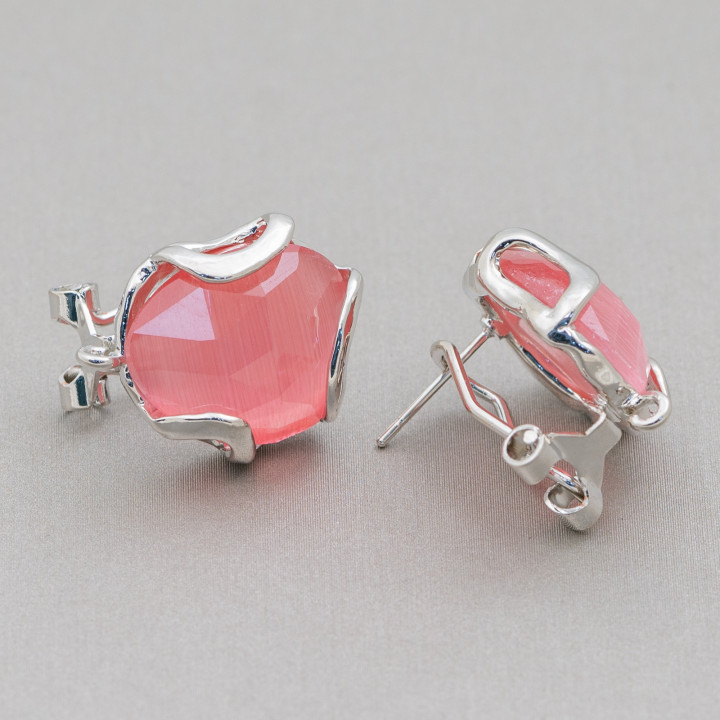 Boucles d'Oreilles Fermées Oeil de Chat en Bronze à Facettes Irrégulières Base 17mm 5 Paires Rhodium Rose