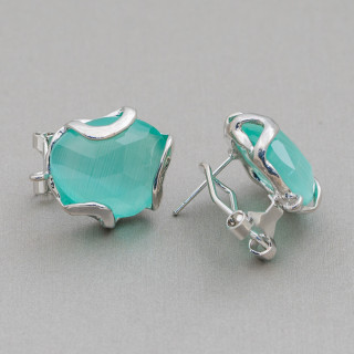 Aretes cerrados de bronce ojo de gato facetados irregulares Base 17 mm 5 pares Rodio verde agua