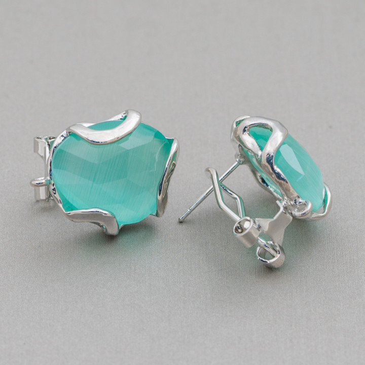 Bronze Closed Stud Earring Base with Irregular Faceted Cat's Eye 17mm 5 Pairs Rhodium Plated Aqua Green
