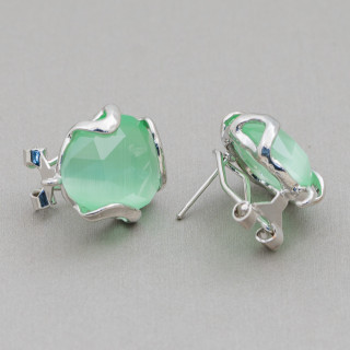 17mm Faceted Irregular Cat's Eye Bronze Closed Stud Earring Base 5 Pairs Light Green Rhodium Plated