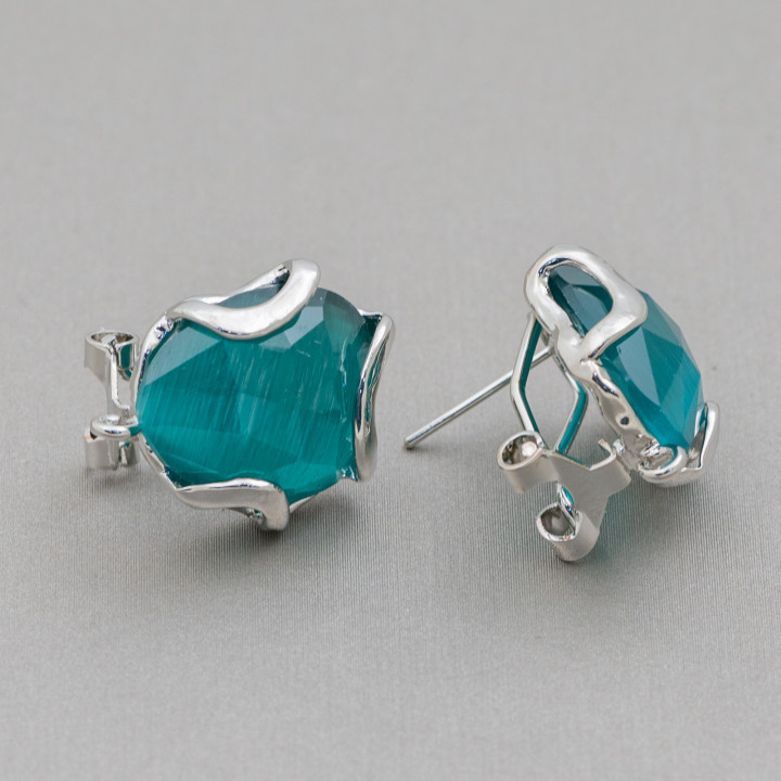 Boucles d'Oreilles Clous Fermées Oeil de Chat Irrégulier Facette Bronze Base 17mm 5 Paires Rhodié Vert Emeraude