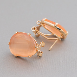 Geschlossene Ohrstecker aus Messing, Basis mit facettierten Mango-Katzenaugen, 15 x 20 mm, 5 Paar, goldener Pfirsich