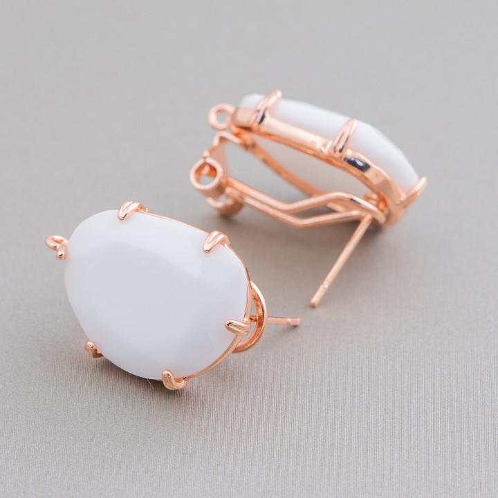 Boucles d'Oreilles Clous Fermées Laiton Base Yeux de Chat Mangue Facettes 15x20mm 5 Paires Or Rose Agate Blanche