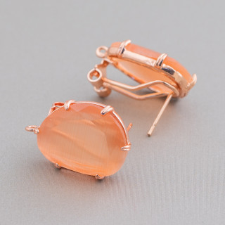 Geschlossene Ohrstecker aus Messing, Basis mit facettierten Mango-Katzenaugen, 15 x 20 mm, 5 Paar, Roségold, Pfirsich