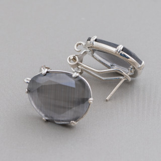 Faceted Mango Cat's Eye Brass Closed Stud Earring Base 15x20mm 5 Pairs Rhodium Plated Gray