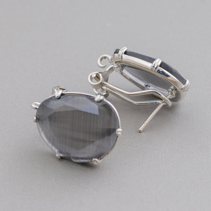 Base Per Orecchini A Perno Chiuso Di Ottone Con Occhi Di Gatto A Mango Sfaccettato 15x20mm 5 Paia Rodiato Grigio