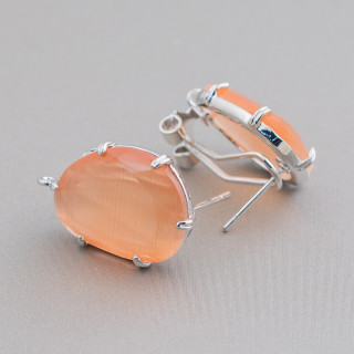 Brass Closed Stud Earring Base with Faceted Mango Cat's Eye 15x20mm 5 Pairs Rhodium Plated Peach