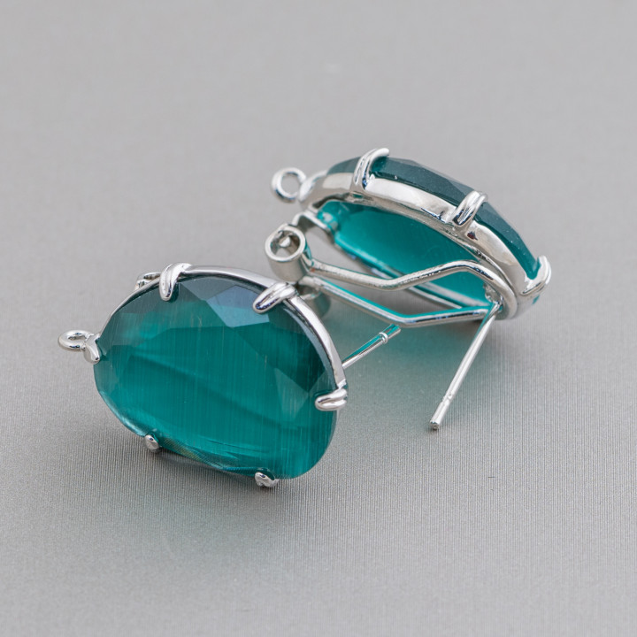Aretes Cerrados De Latón Base Con Ojos De Gato De Mango Facetado 15x20mm 5 Pares De Rodio Verde Esmeralda