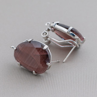 Brass Closed Stud Earring Base with Faceted Mango Cat's Eye 15x20mm 5 Pairs Rhodium Plated Purple