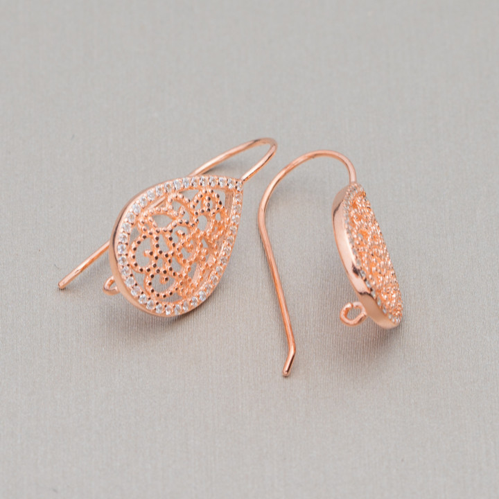 Pendientes de Plata de Ley 925 Base Filigrana Gota 12x27mm 3 Pares Oro Rosa