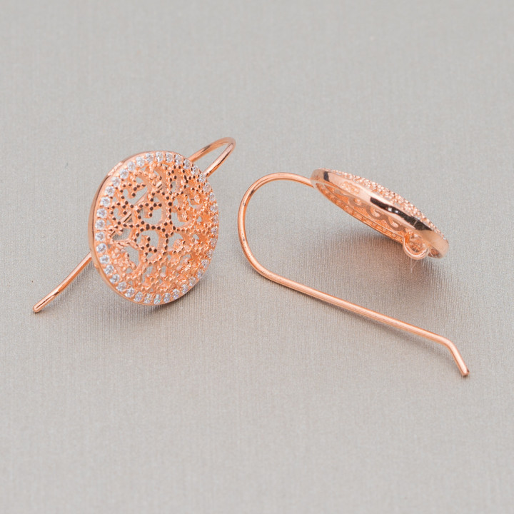 Base For Earrings Of 925 Silver Round Hook Filigree 15mm 3 Pairs Rose Gold
