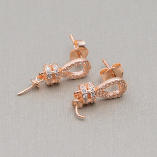 Base Para Aretes De Plata 925 Con Zirconitas Gota Con Rondelle 6x15mm 3 Pares Oro Rosa