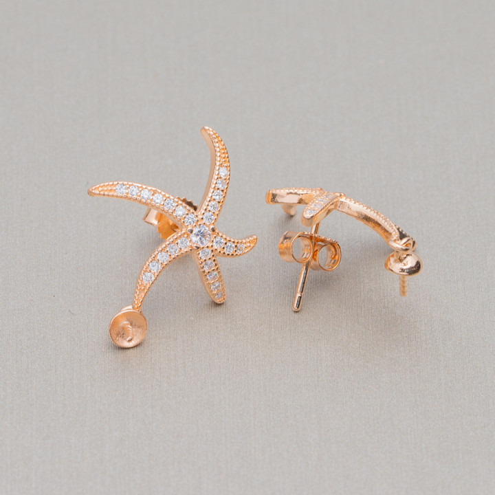 Pendientes Plata 925 Base Con Circonitas Estrella De Mar Stud 18x20mm 2 Pares Oro Rosa