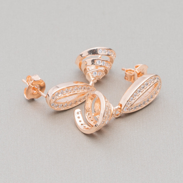 Base Per Orecchini Di Argento 925 Perno Con Zirconi Ovale Con Coppette A Spirale 12x23,5mm 1 Coppia Oro Rosa