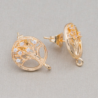 Pendientes Bronce Redondo Base Arbol De La Vida Y Circonitas 15mm 10 Pares Blanco