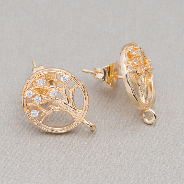 Boucles D'oreilles Tiges Rondes Base Arbre De Vie Et Zircons 15mm 10 Paires Blanc