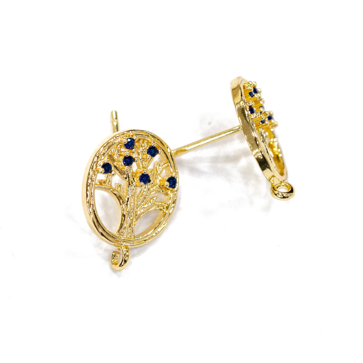 Boucles D'oreilles Tiges Rondes En Bronze Avec Arbre De Vie Et Zircons 15mm 10 Paires Bleu