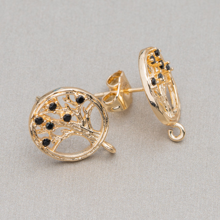 Base for Bronze Round Stud Earrings with Tree of Life and Zircons 15mm 10 Pairs Black