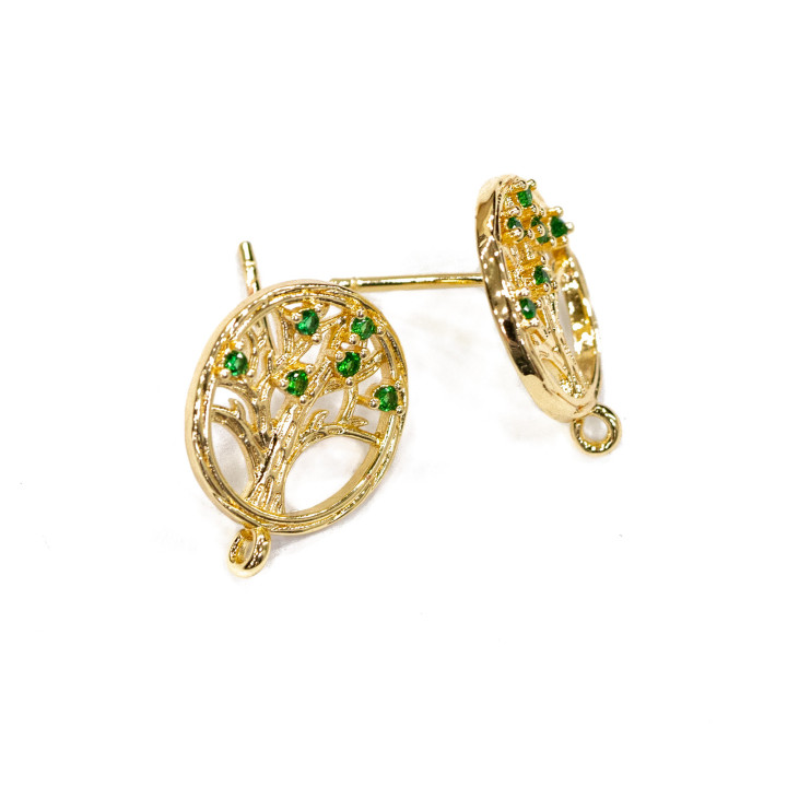 Bronze Round Stud Earring Base with Tree of Life and Zircons 15mm 10 Pairs Green