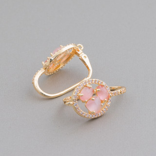 Ovale Ohrringbasis aus Messing mit geschlossenem Haken und Katzenaugen-Cabochon-Set, 13,5 x 25 mm, 5 Paar Roségold