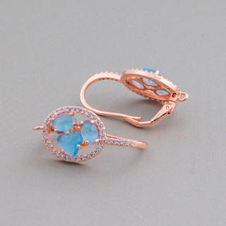 Base Per Orecchini Di Ottone A Monachella Chiusa Ovale Con Cabochon Di Occhi Di Gatto Incastonati 13,5x25mm 5 Paia Oro Rosa Azz