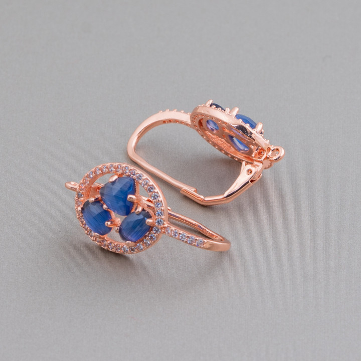 Ovale Ohrringbasis aus Messing mit geschlossenem Haken und Katzenaugen-Cabochon-Set, 13,5 x 25 mm, 5 Paar, Roségold, Blau