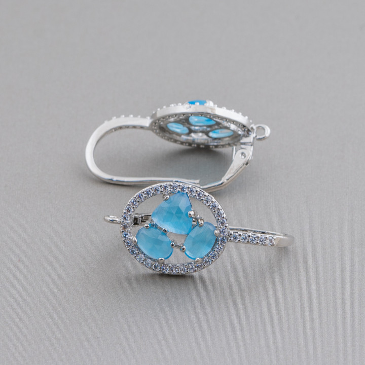 Base de arete de latón con gancho cerrado ovalado y cabujón de ojo de gato Juego de 5 pares de 13,5x25 mm Azul rodio