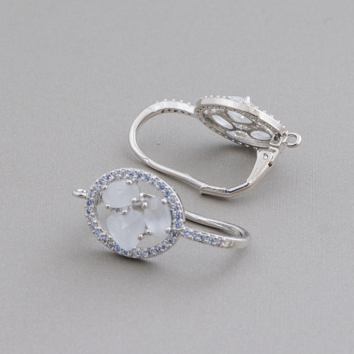 Oval Closed Hook Brass Earring Base with Cat's Eye Cabochon Set 13.5x25mm 5 Pairs White Rhodium Plated