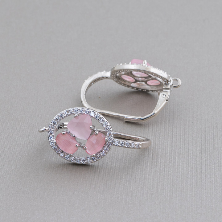 Oval Closed Hook Brass Earring Base with Cat's Eye Cabochon Set 13.5x25mm 5 Pairs Pink Rhodium Plated